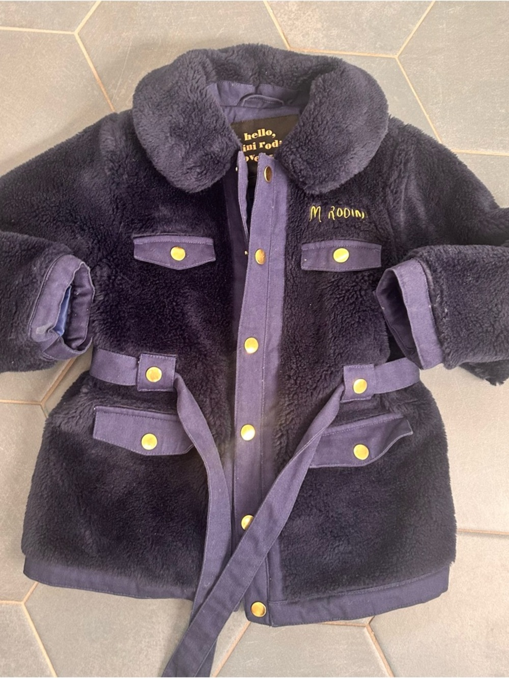Mini Rodini Navy Faux Shearling Puffer Coat with Belt